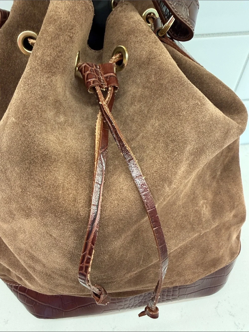 Isadora Brown Suede Drawstring Bucket Bag with Croc-Textured Trim Italy